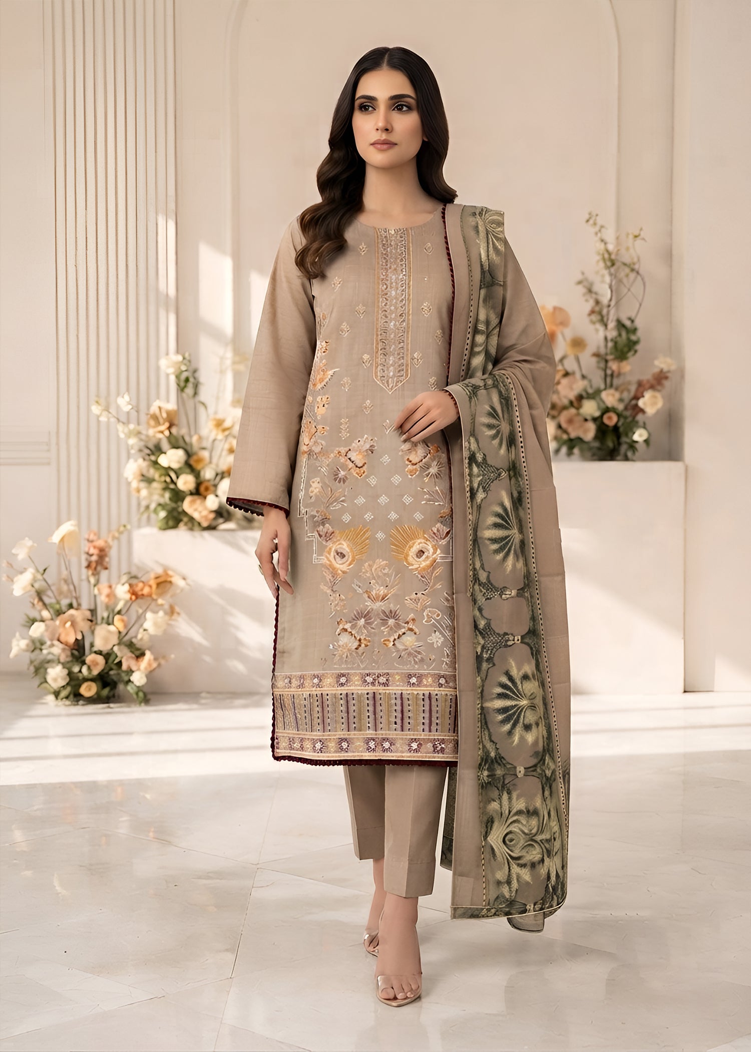 cotton jacquard Kurta Set in Beige