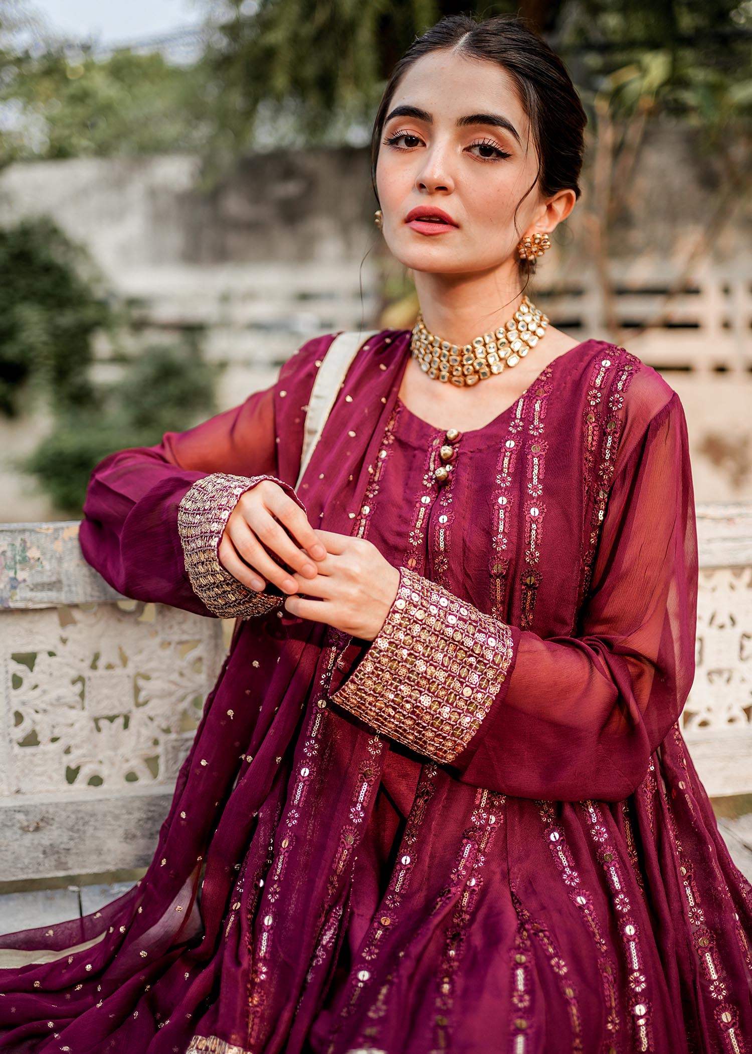 chikankari cotton Gown in Plum