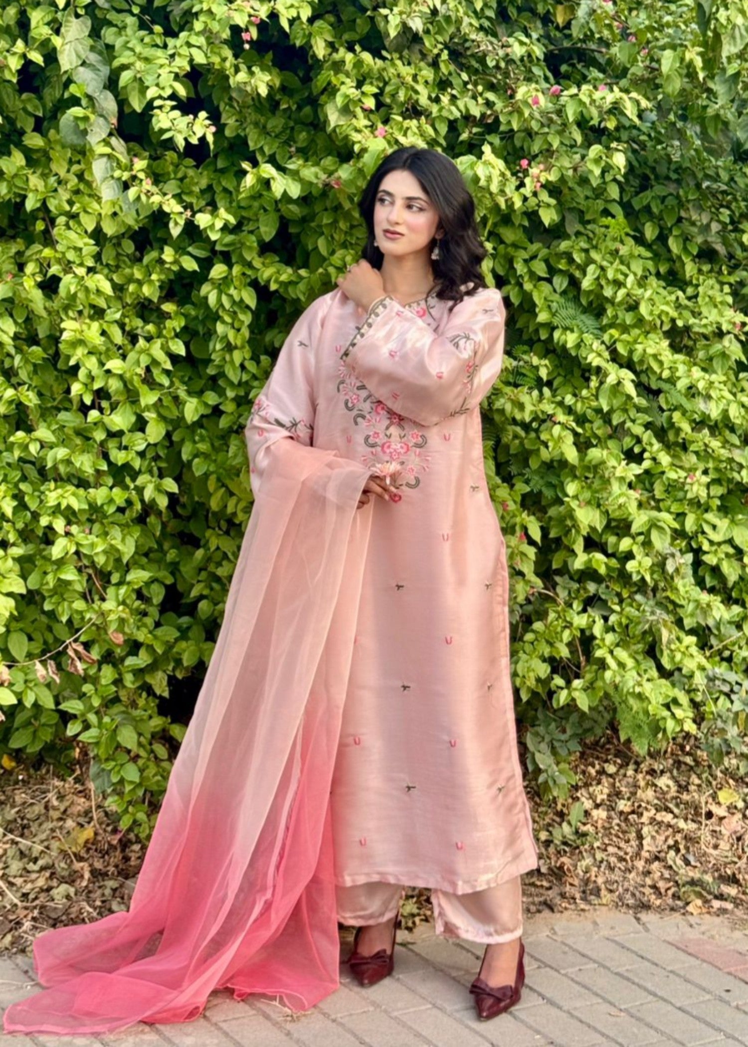 tussar silk Kurta Set in Tea rose pink