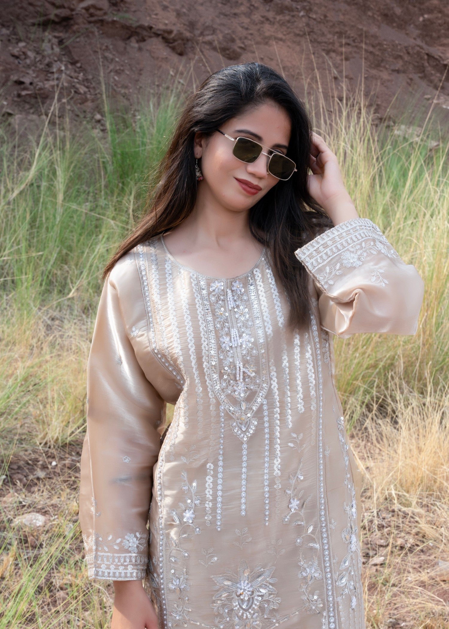 cotton silk Kurta Set in Wheat