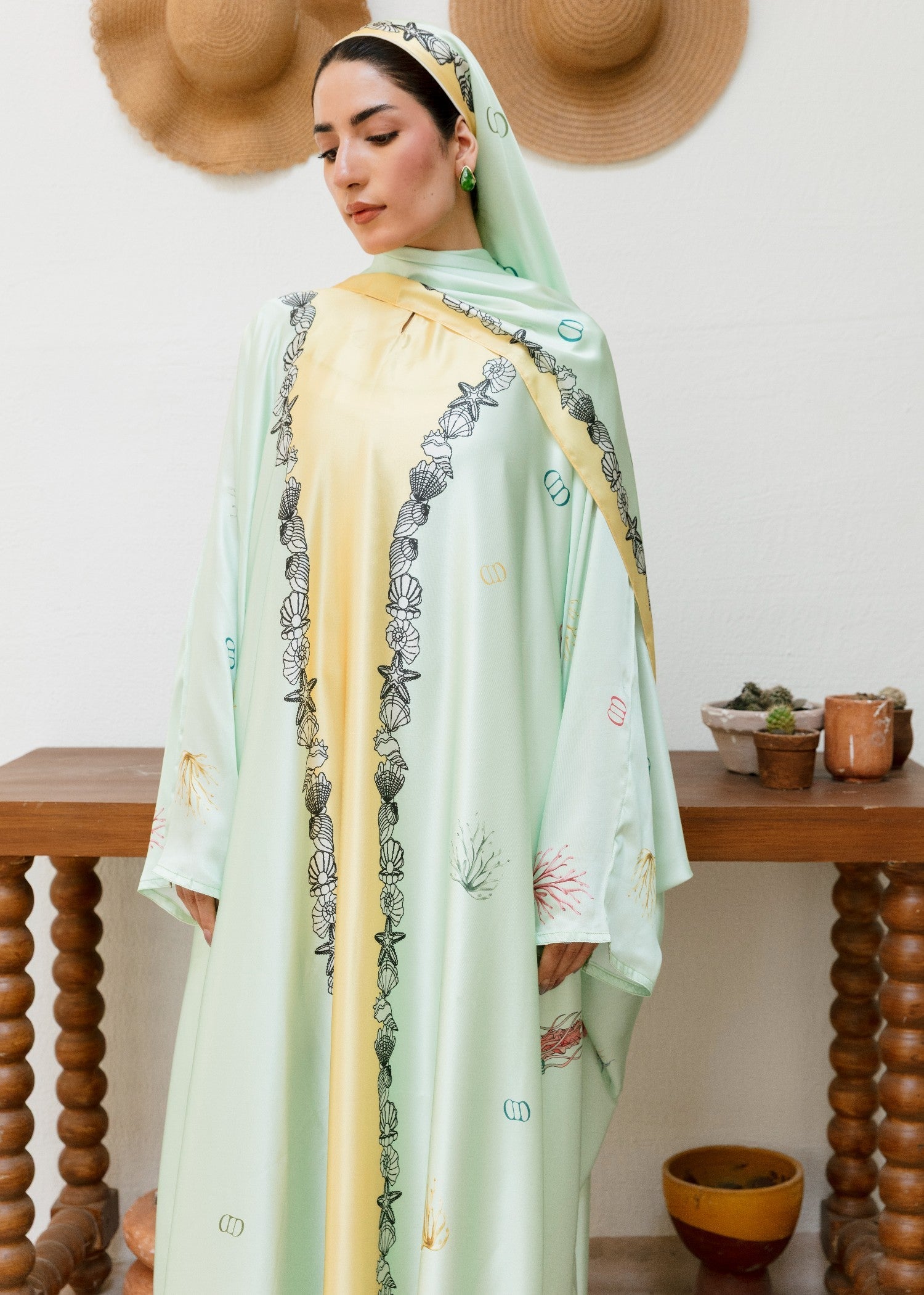 pk charmuse silk Abaya in Multi, tea green