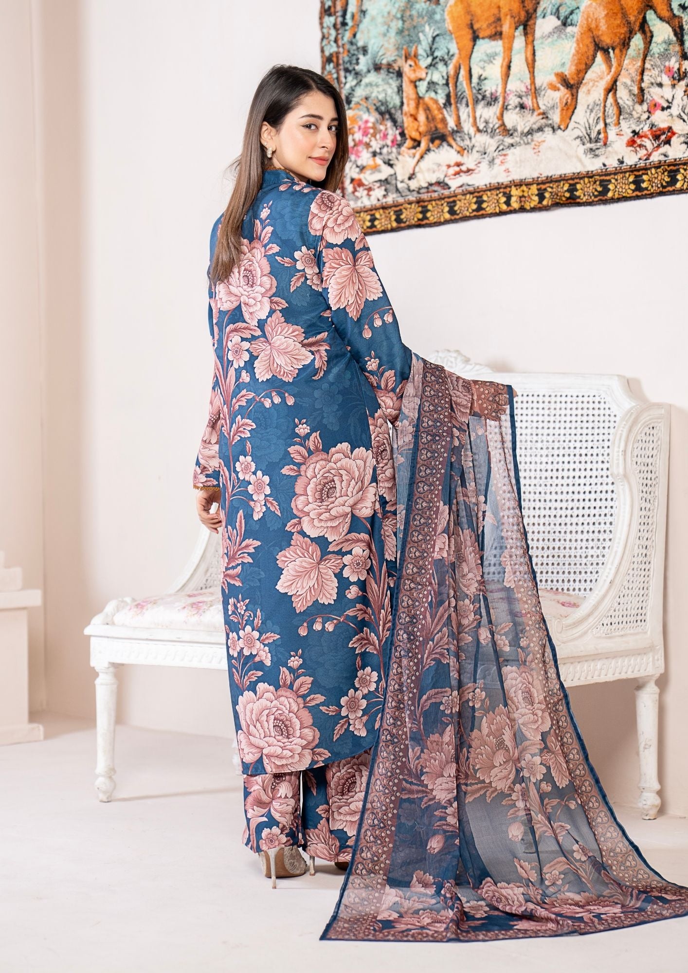 arabic lawn Kurta Set in Slate blue