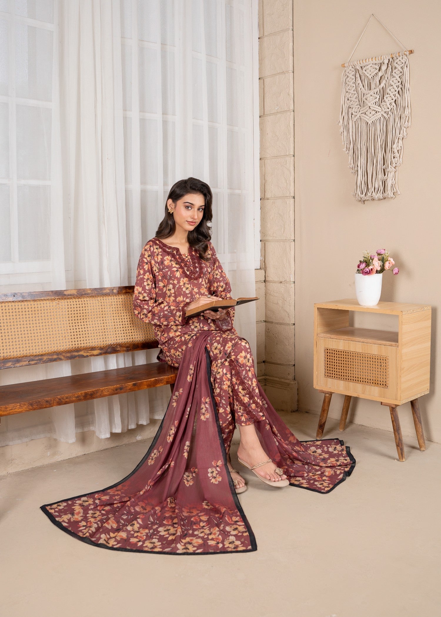 textured lawn Kurta Set in Copper red