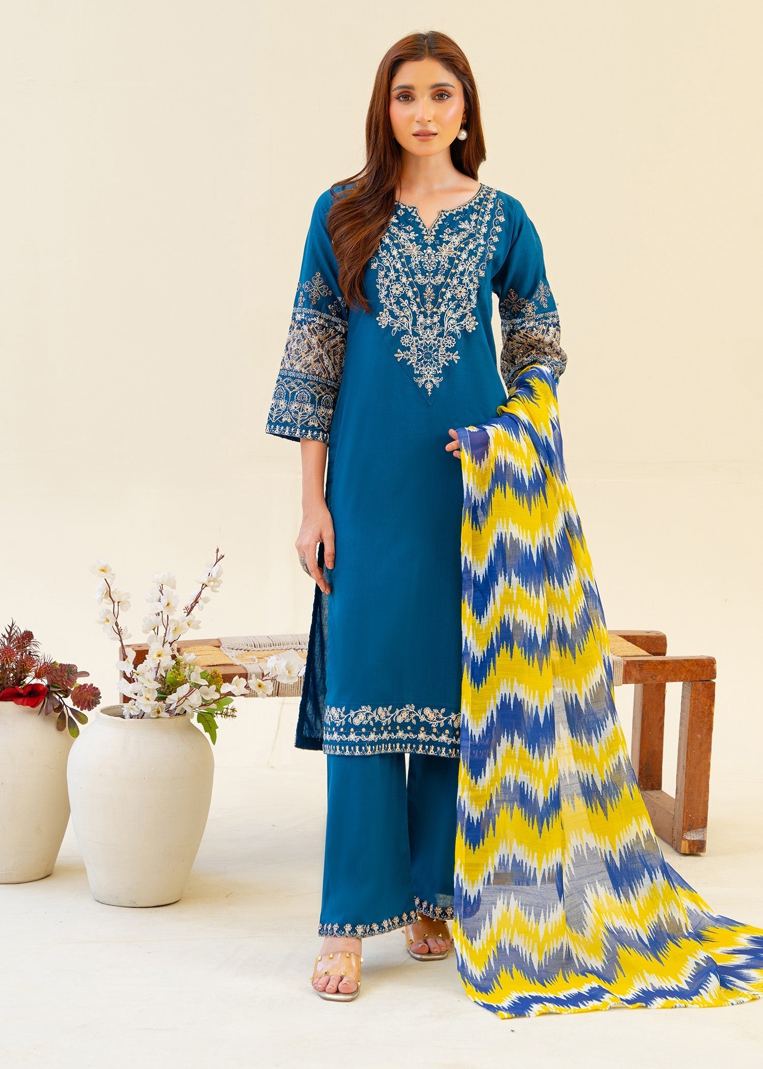 cambric Kurta Set in Teal