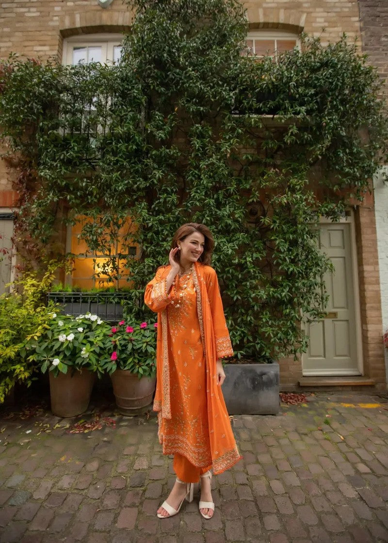 cotton Kurta Set in Carrot orange