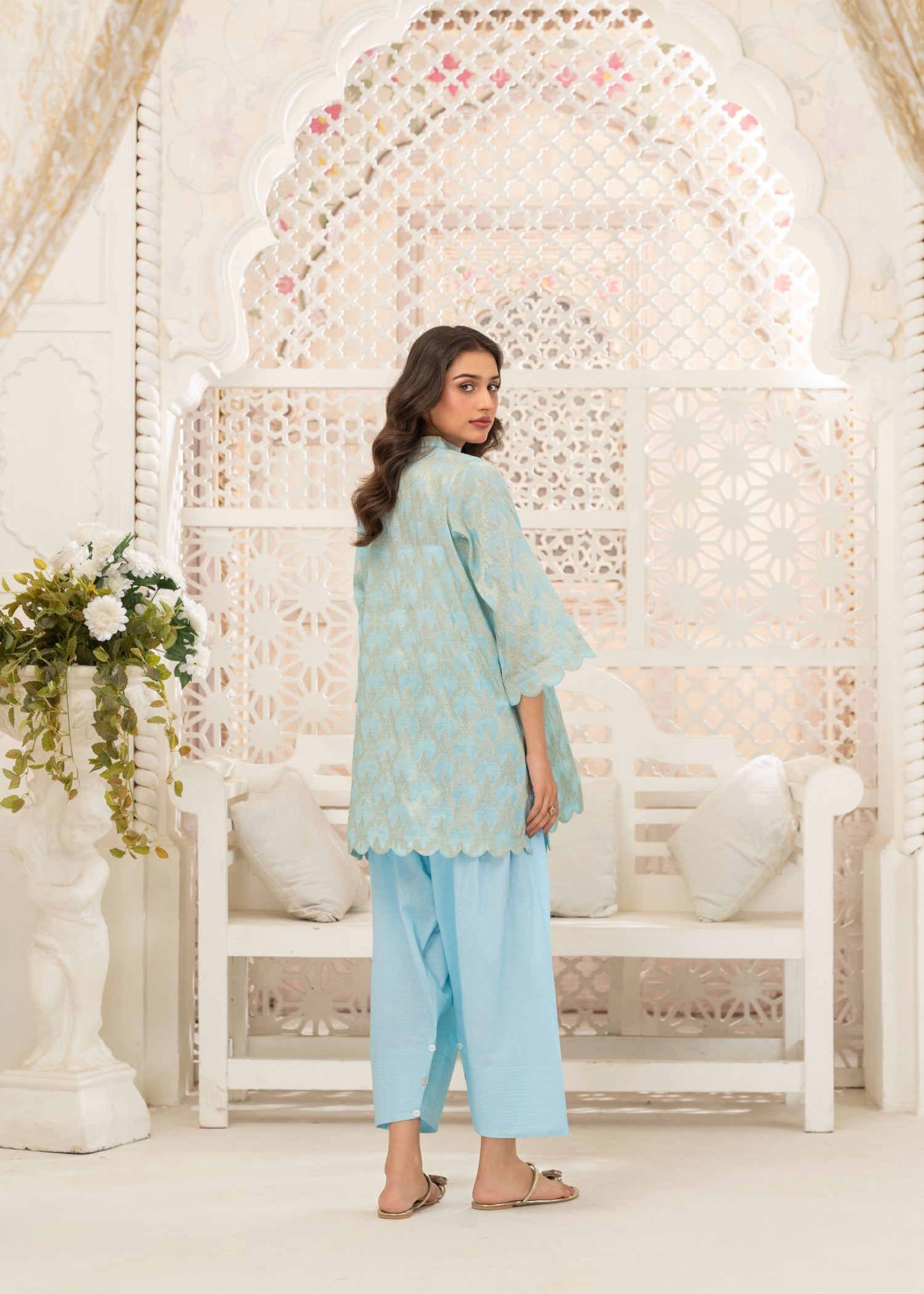 jacquard Kurta Set in Sky blue