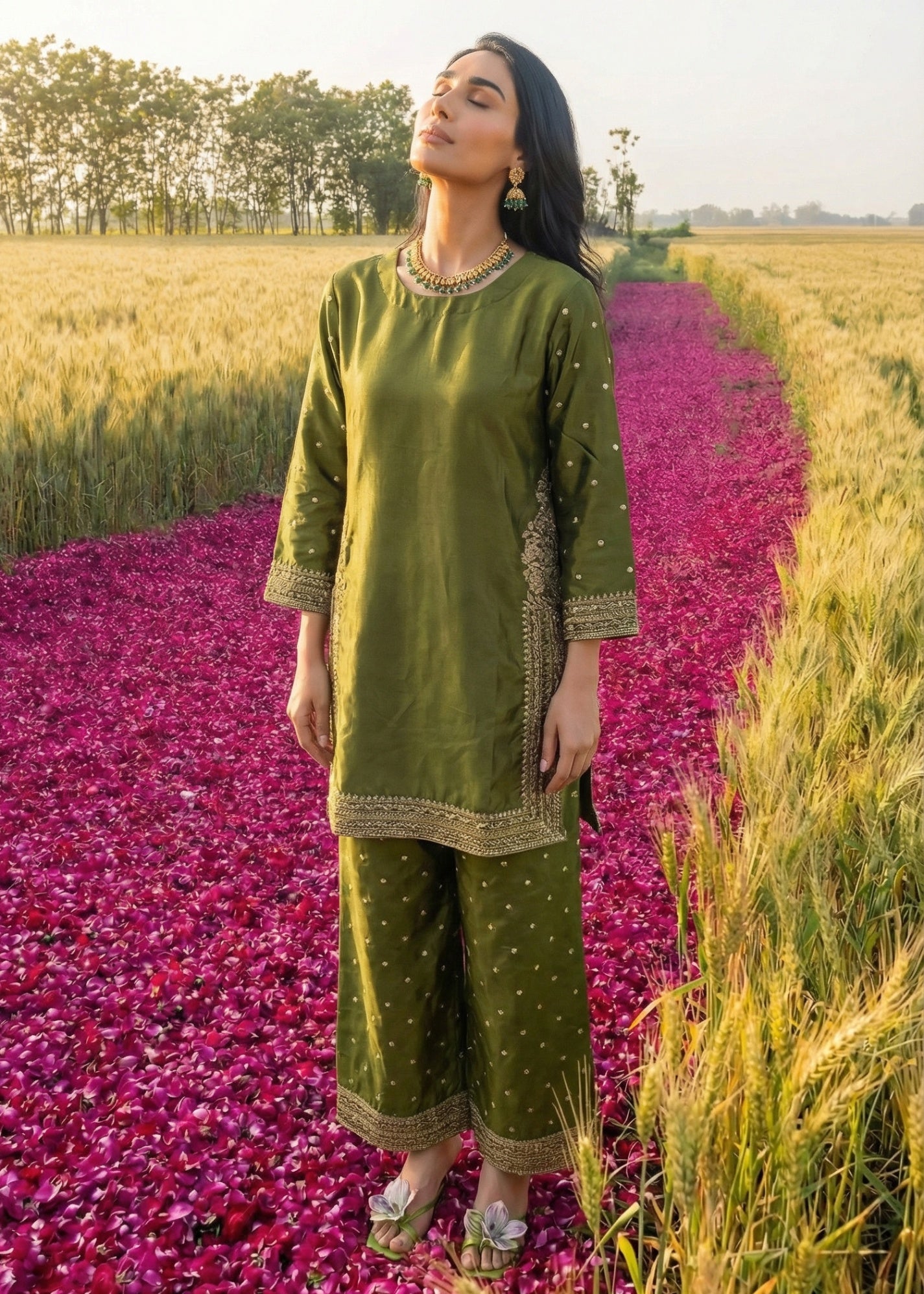 raw silk Kurta Set in Olive green