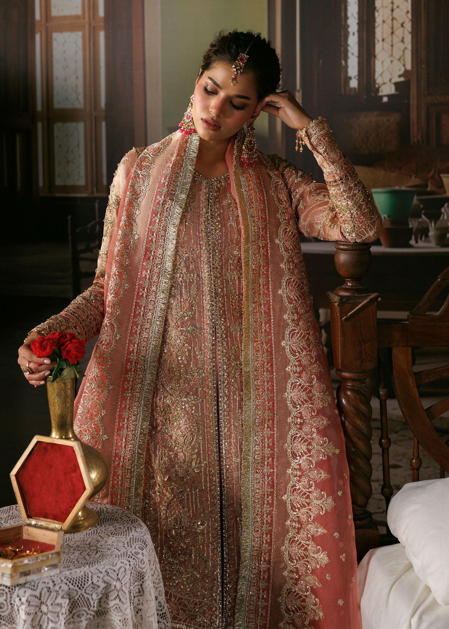 zari tissue Unstitched in Peach pink