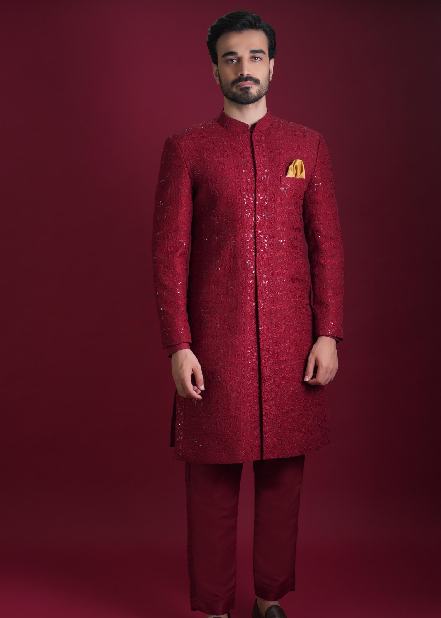 silk Sherwani in Maroon