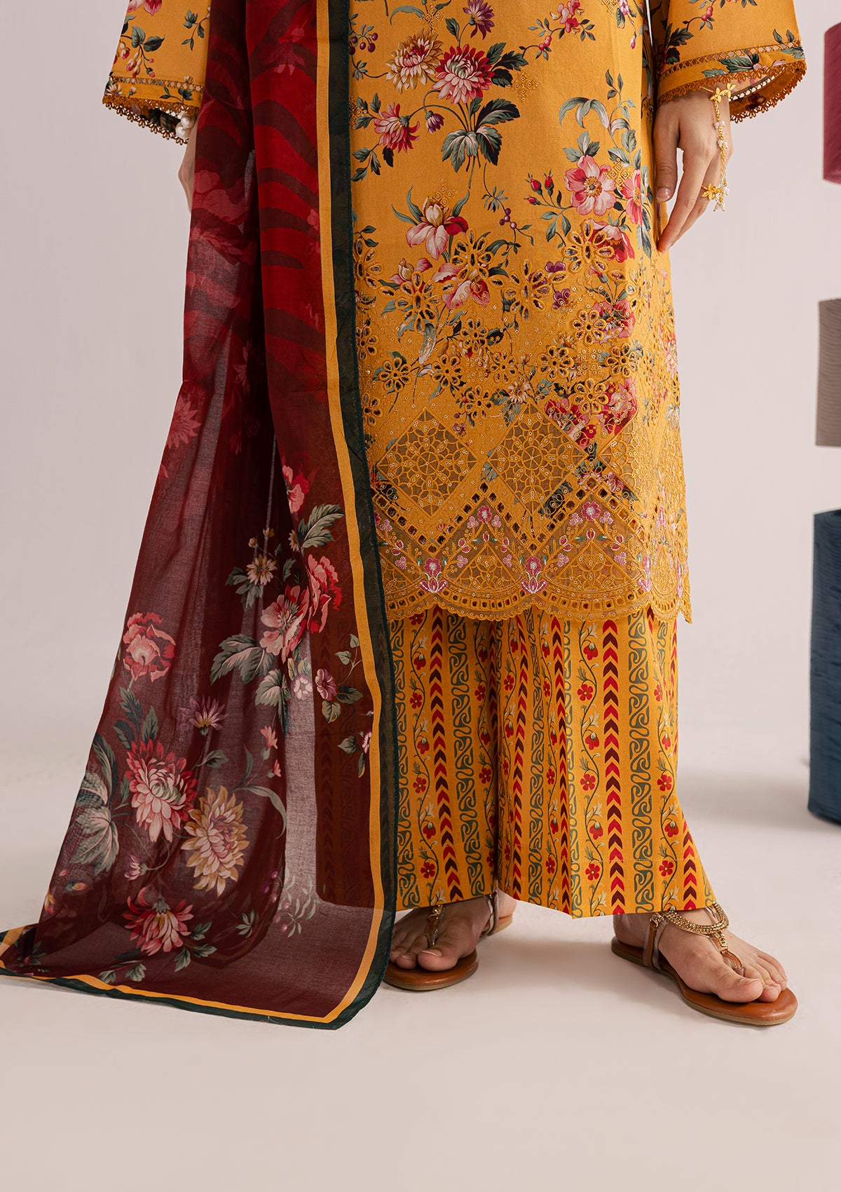 lawn Kurta Set in Yellow-orange