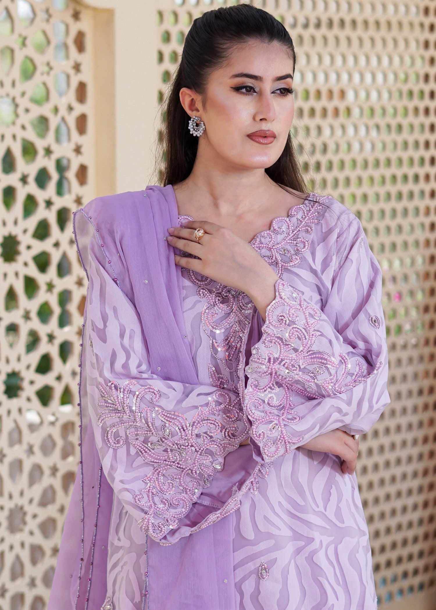 jacquard chiffon Kurta Set in Purple ash