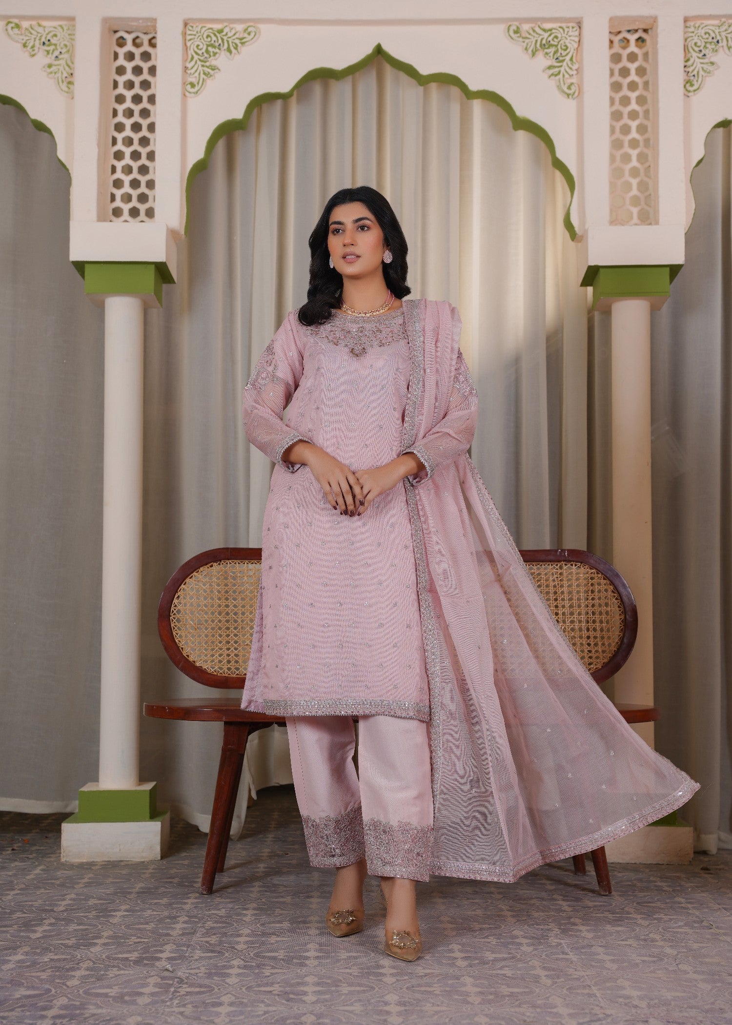 cotton net Kurta Set in Tea rose pink