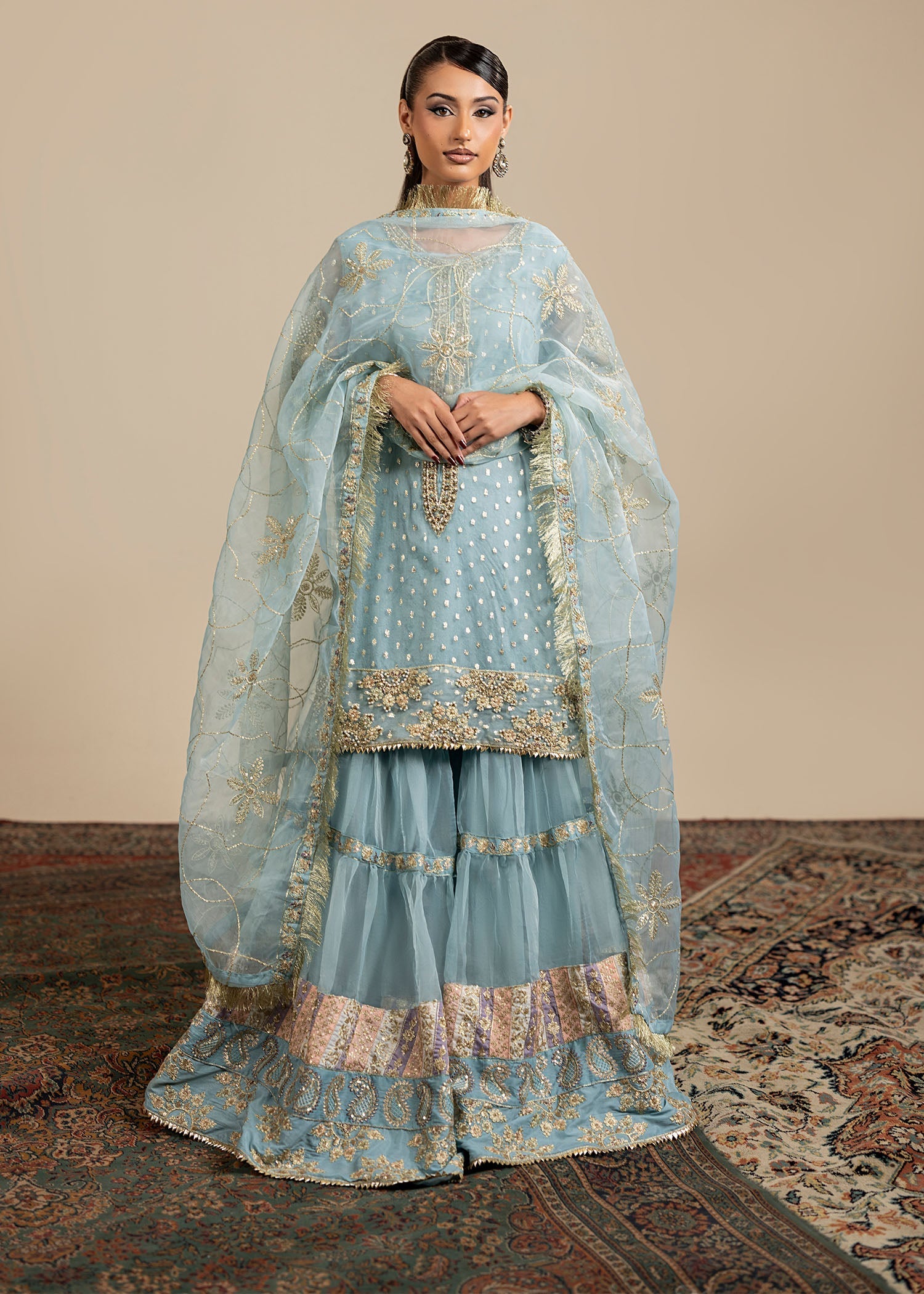 organza Gharara in Ice blue