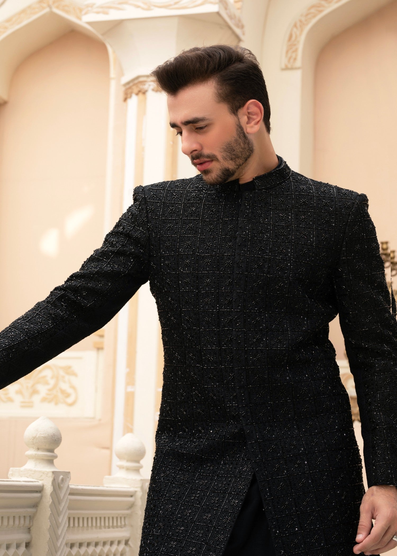 cotton silk Sherwani in Black