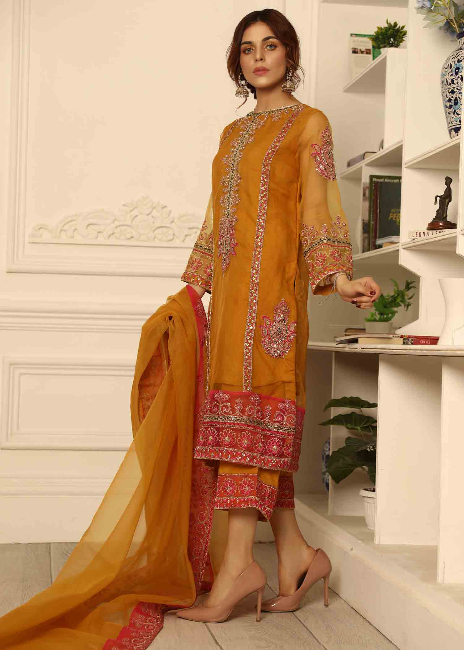 organza Unstitched in Mustard