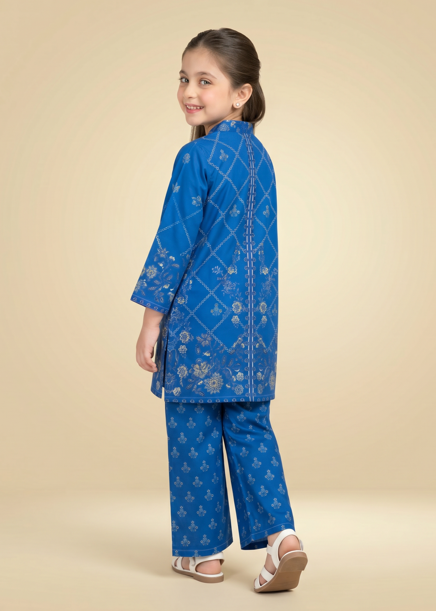 polyester crepe Kurta Set in Royal blue