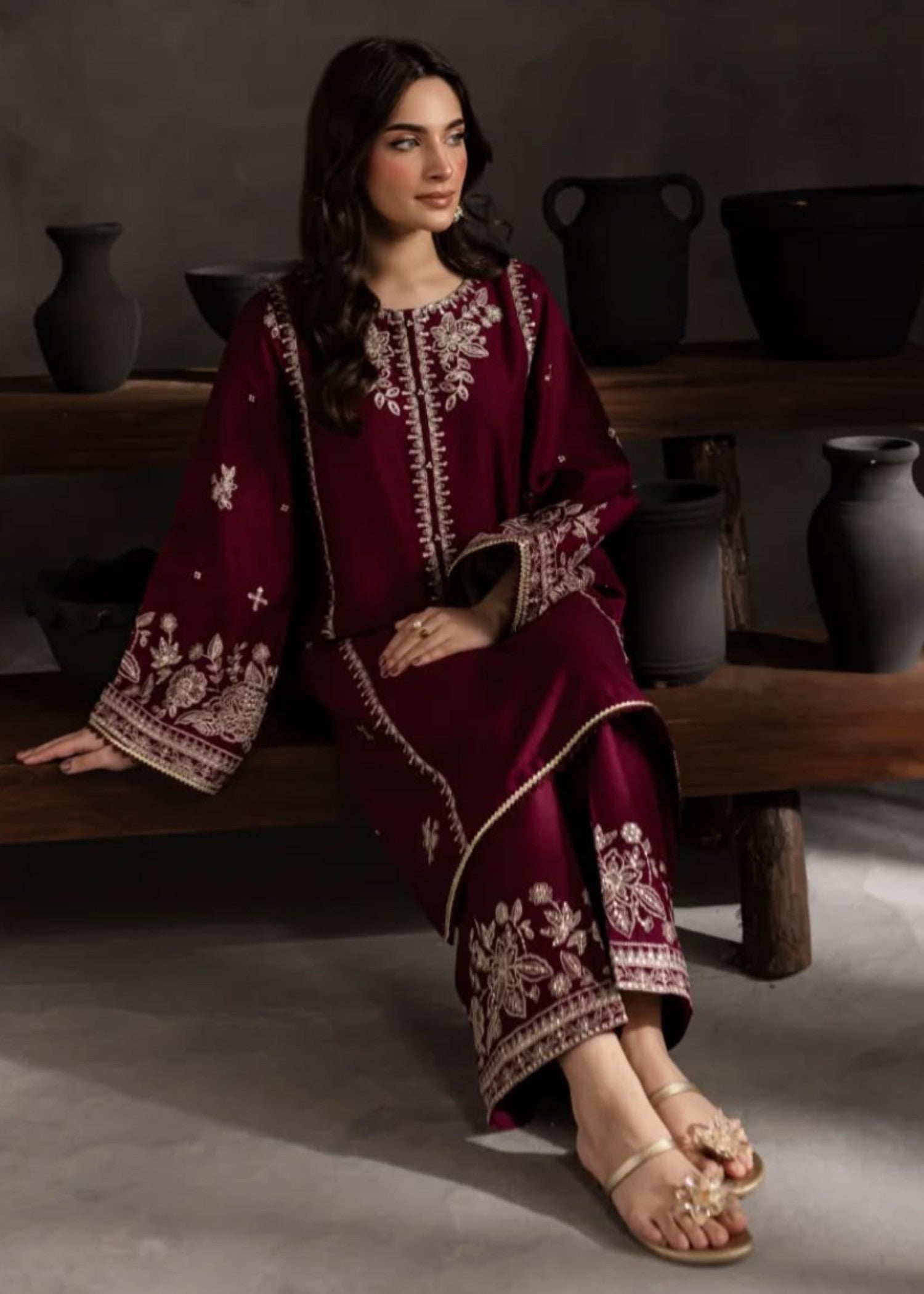 lawn Kurta Set in Maroon