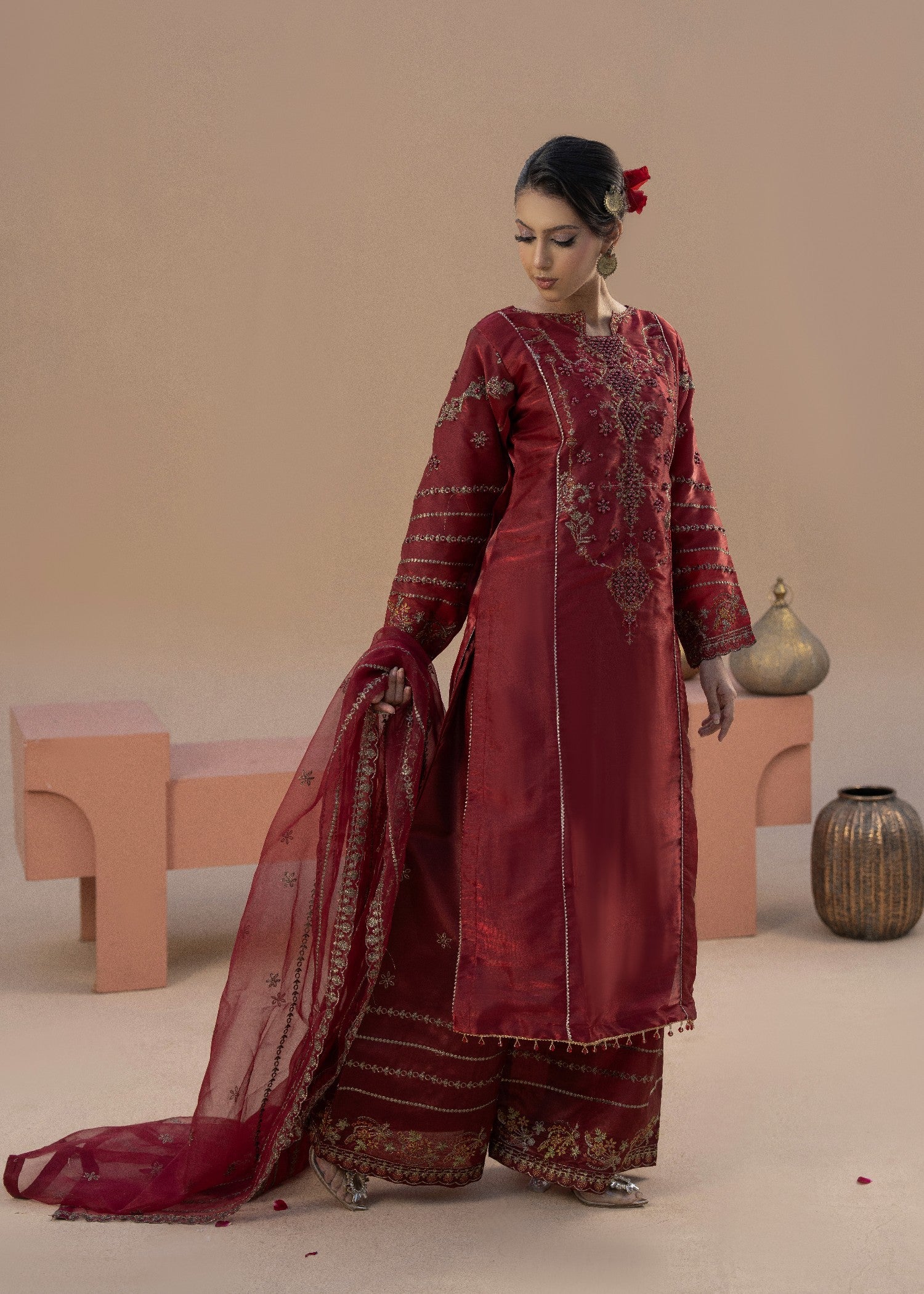 silk Kurta Set in Brick red