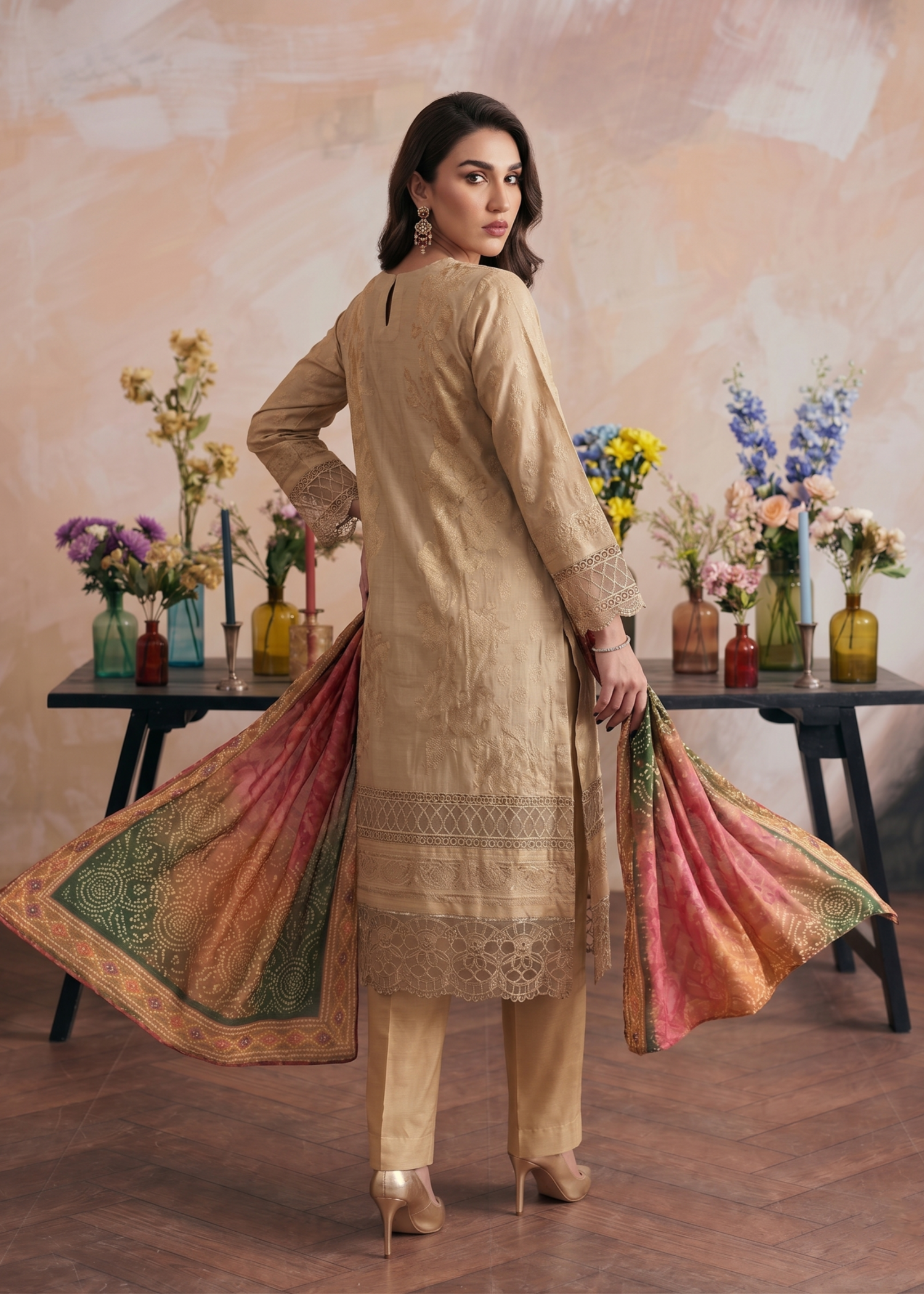 jacquard Kurta Set in Beige