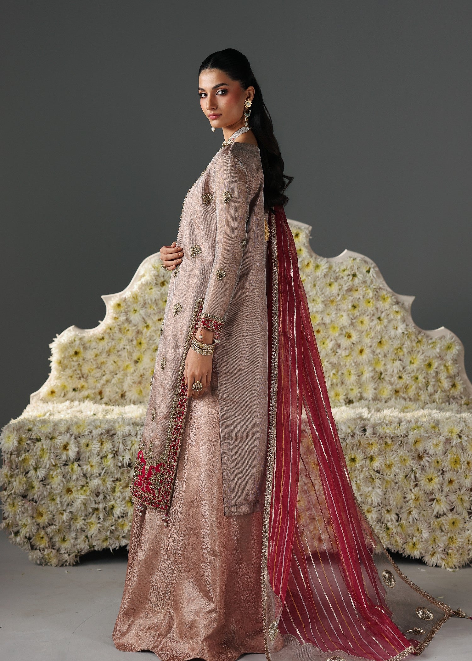 jamawar Sharara in Peach pink, beige