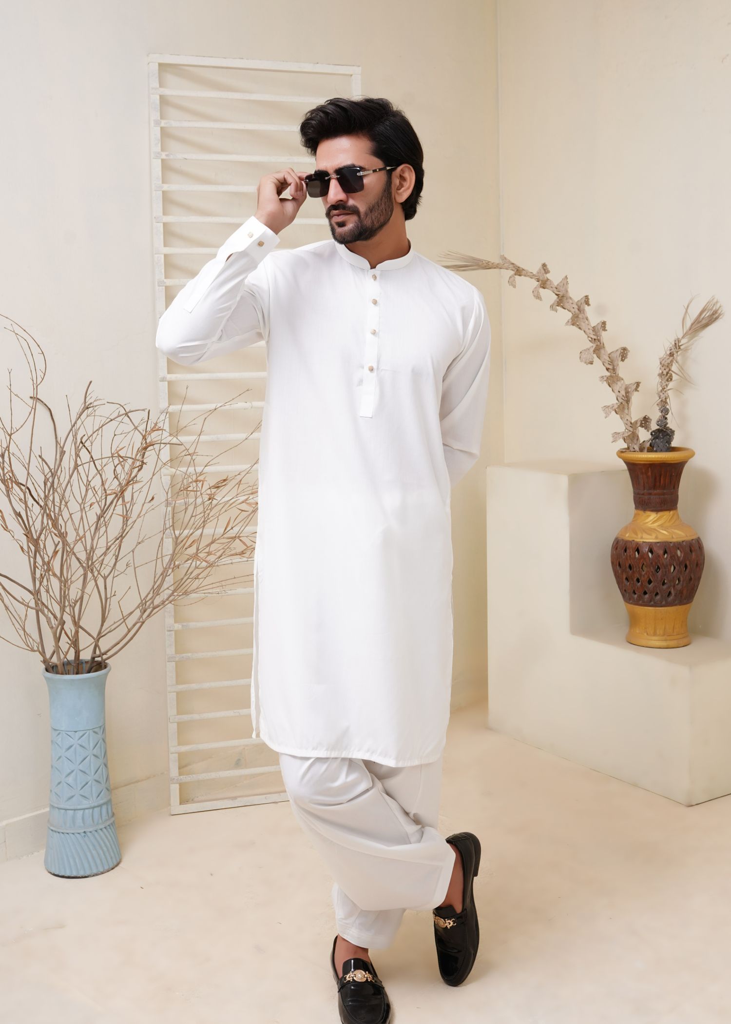 wash & wear Shalwar Kameez in White by Hassan Jee Men
