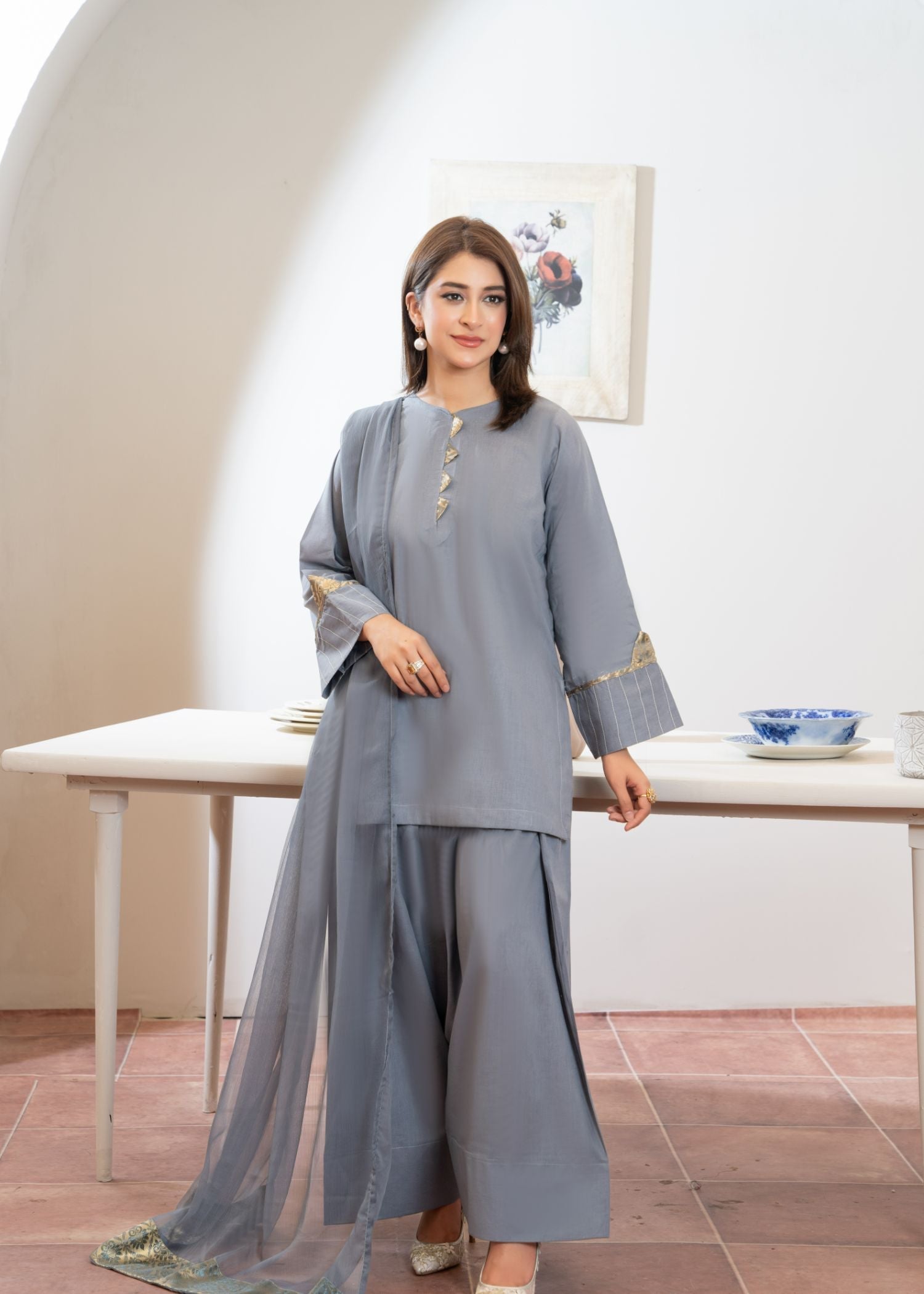 cotton Kurta Set in Slate grey