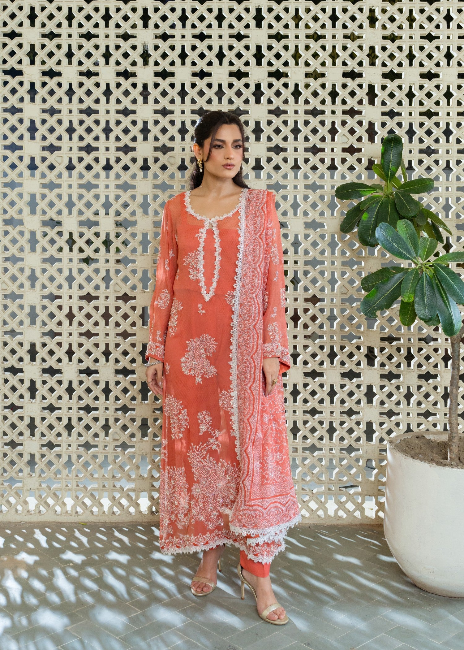 crinkle chiffon Unstitched in Salmon