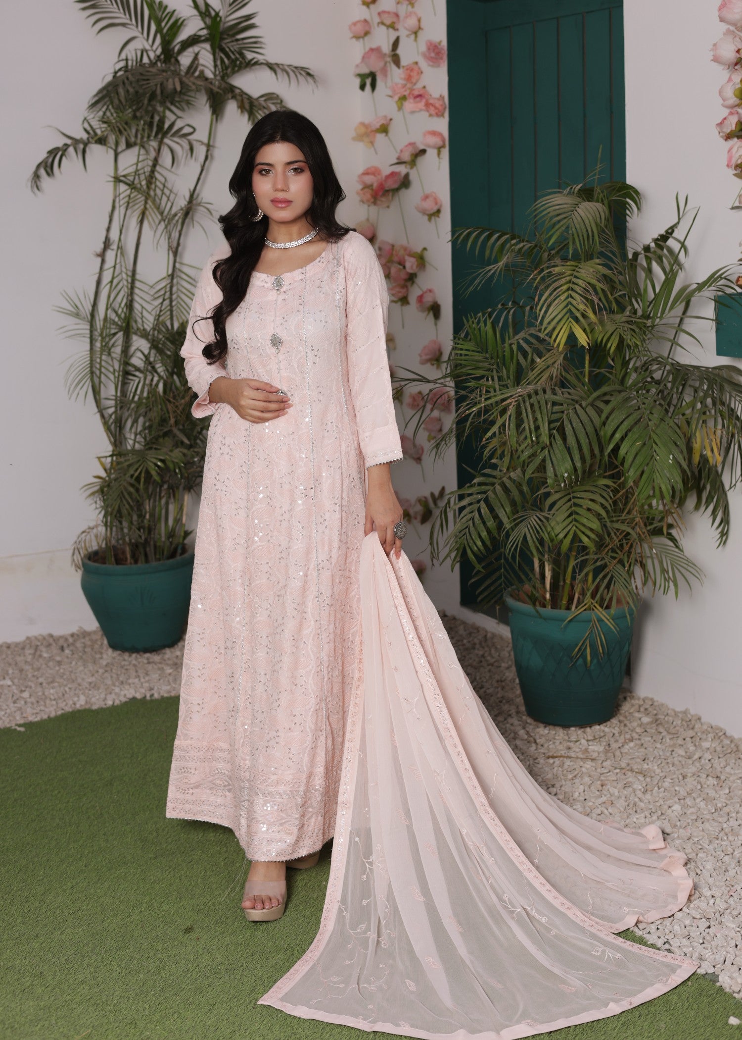 bemberg crinkle chiffon Maxi in Pastel pink