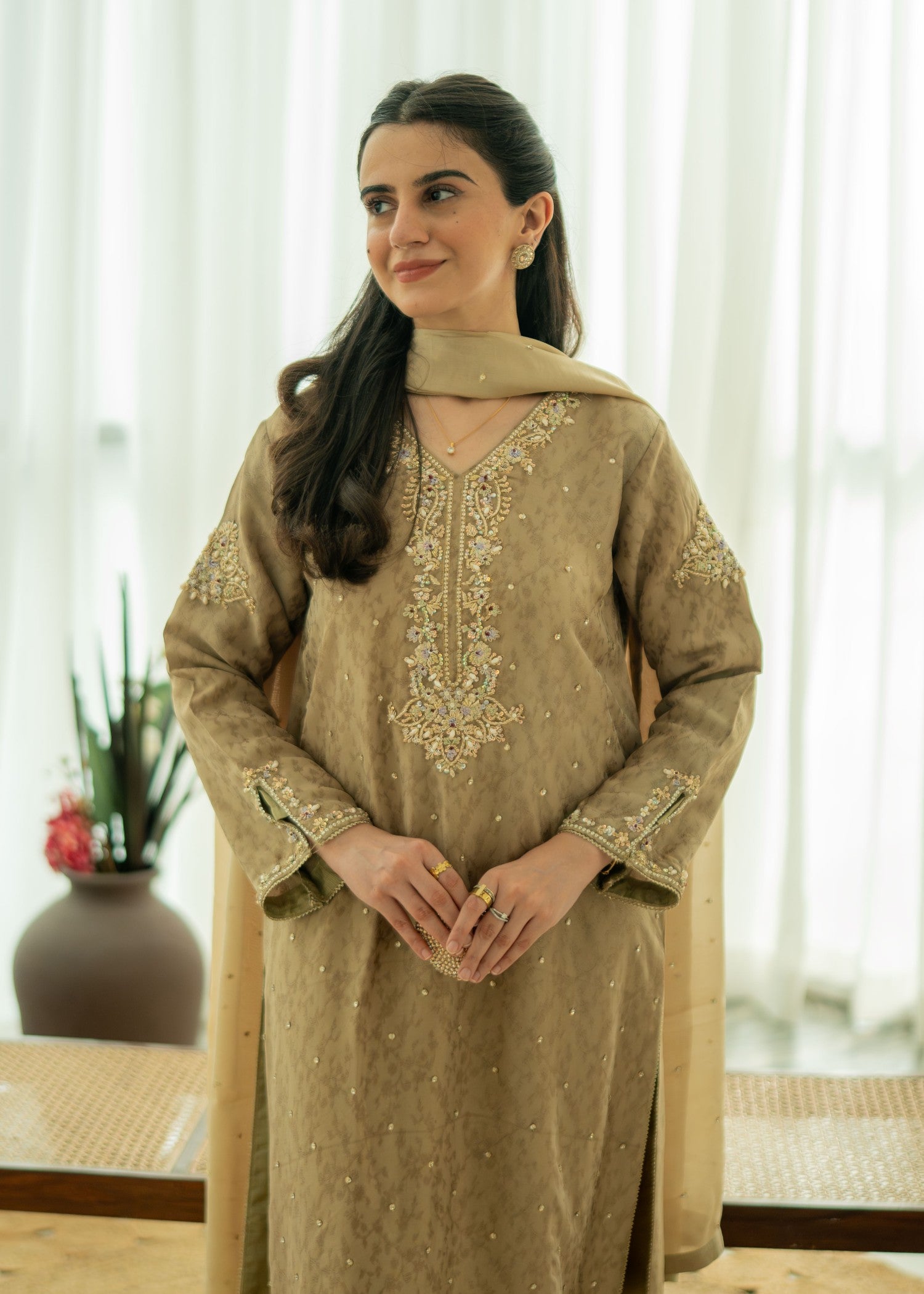 silk Kurta Set in Camel brown