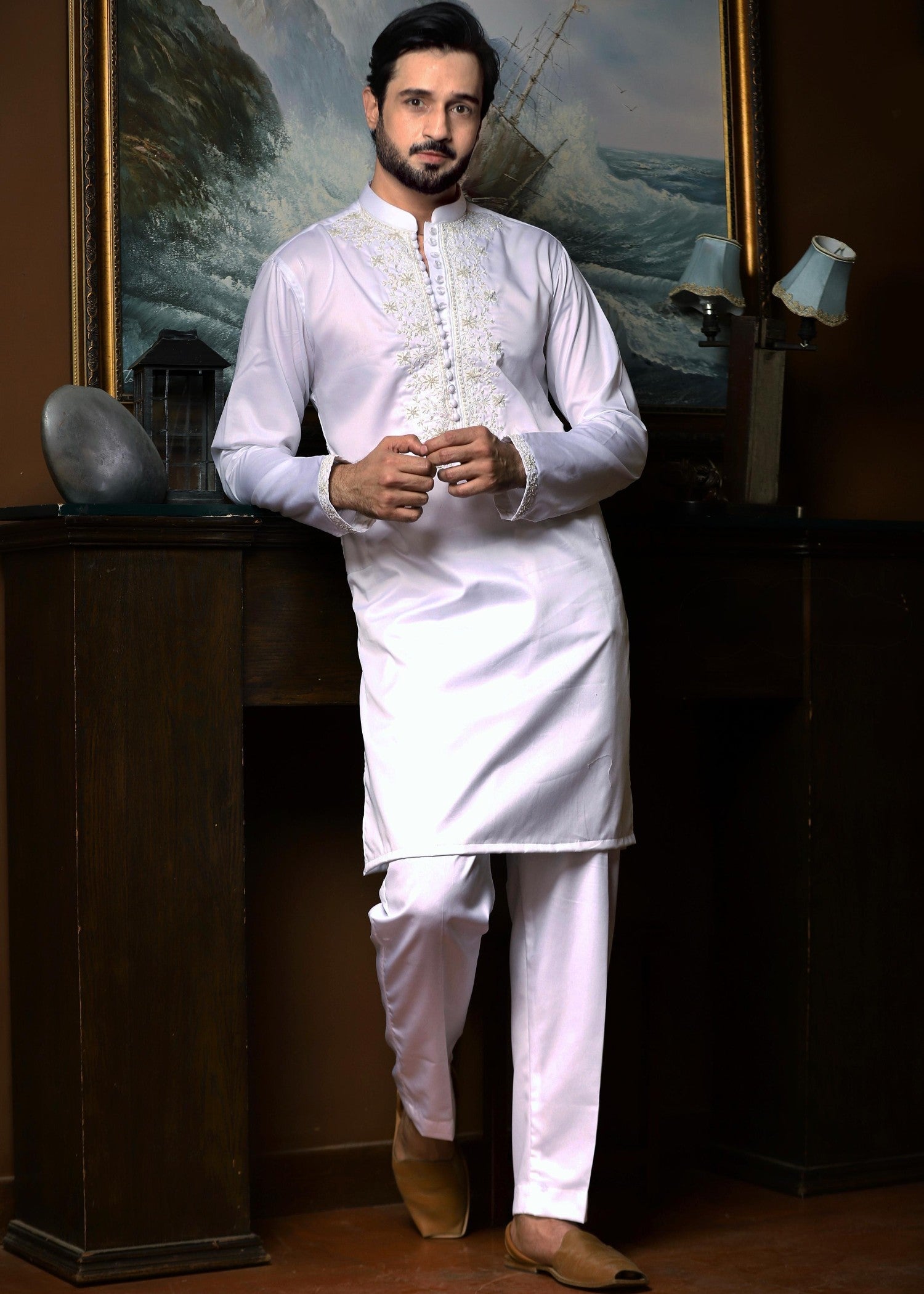 cotton satin Kurta Set in White