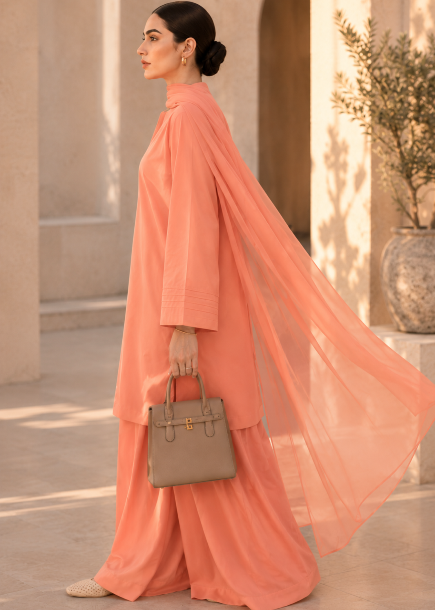 pure cotton Kurta Set in Apricot orange