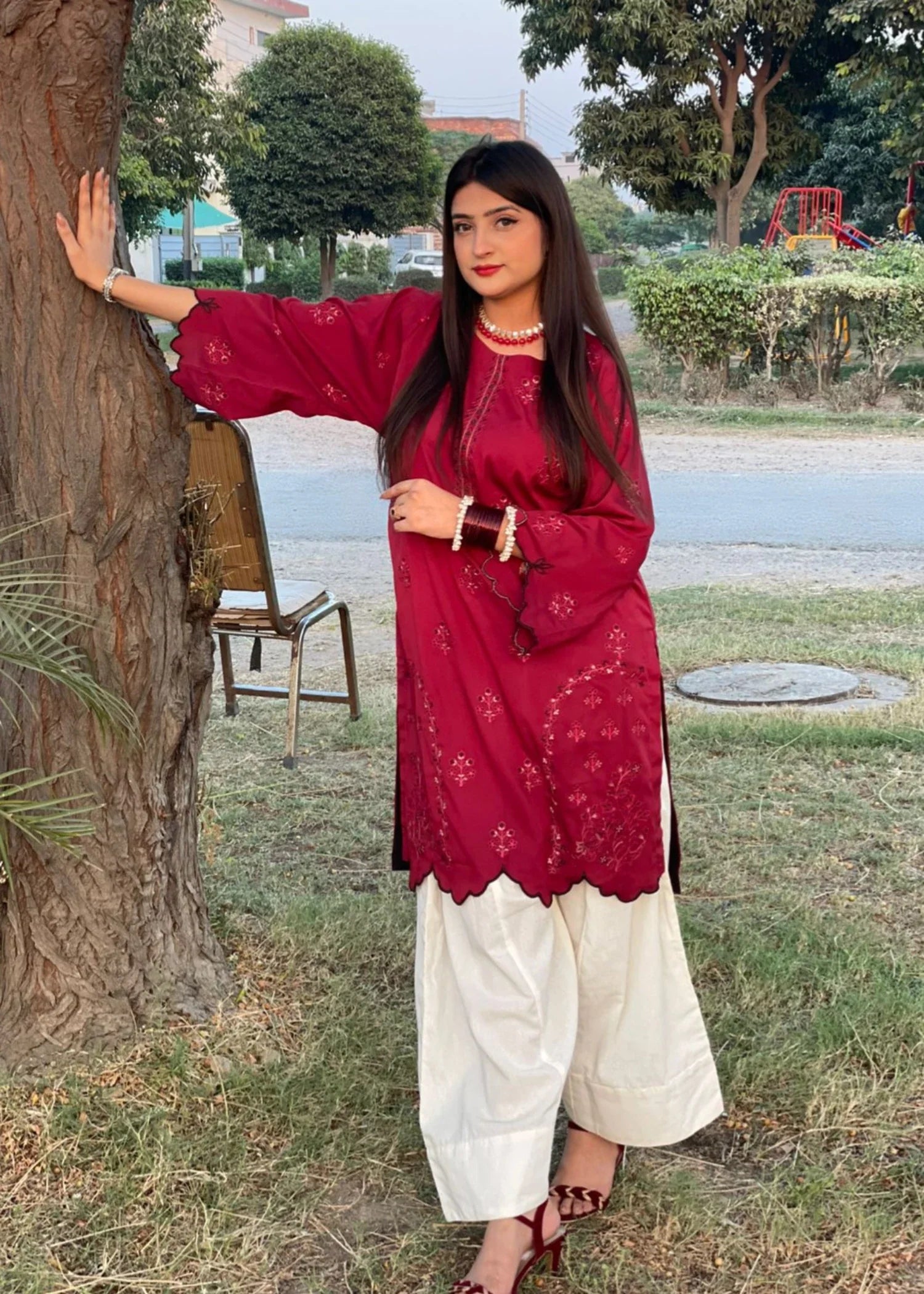 raw silk Kurta Set in Blood red, cream