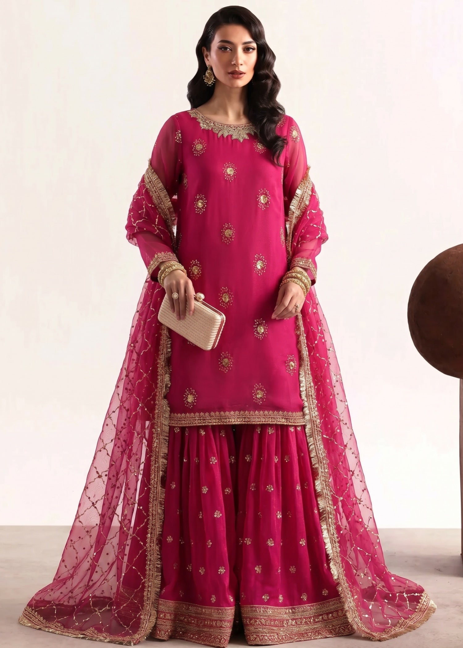 chiffon Gharara in Hot pink