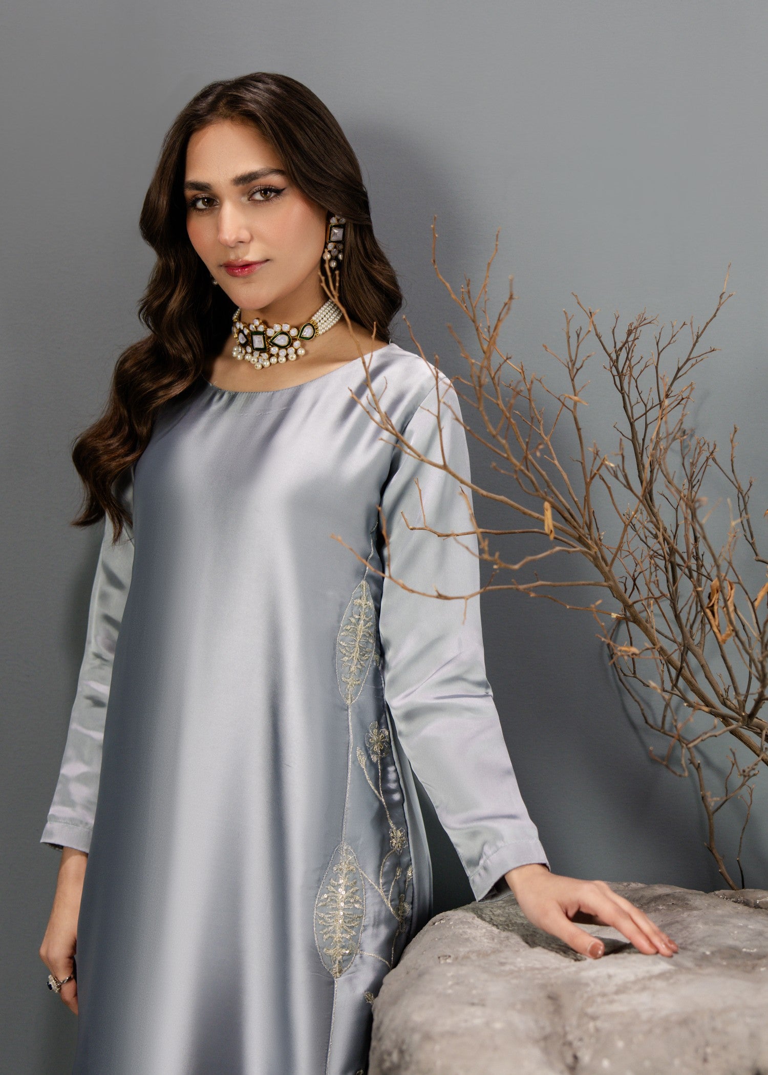 silk Kurta Set in Duck egg grey