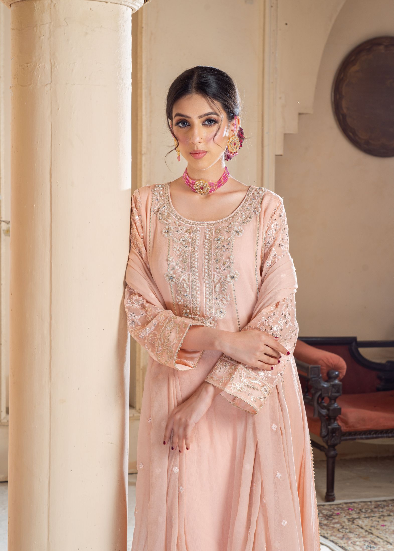 chiffon Anarkali in Peach pink