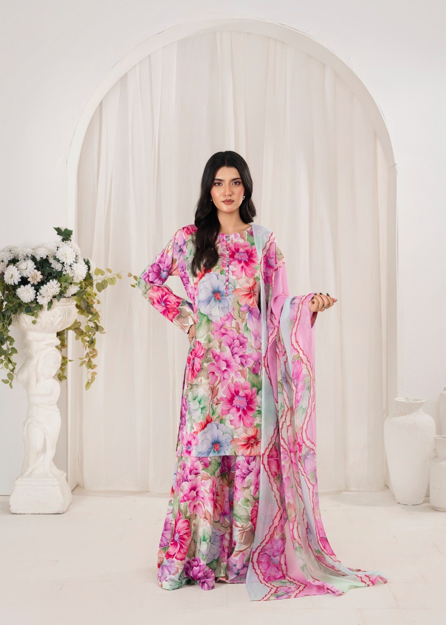 lawn Sharara in Hot pink