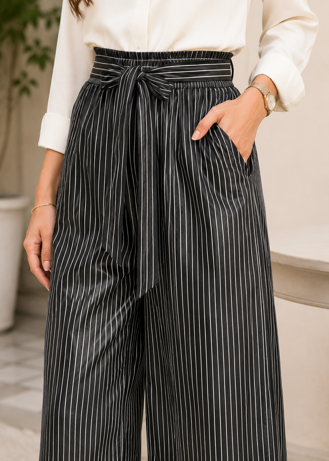 polyester Trousers in Black, warm grey