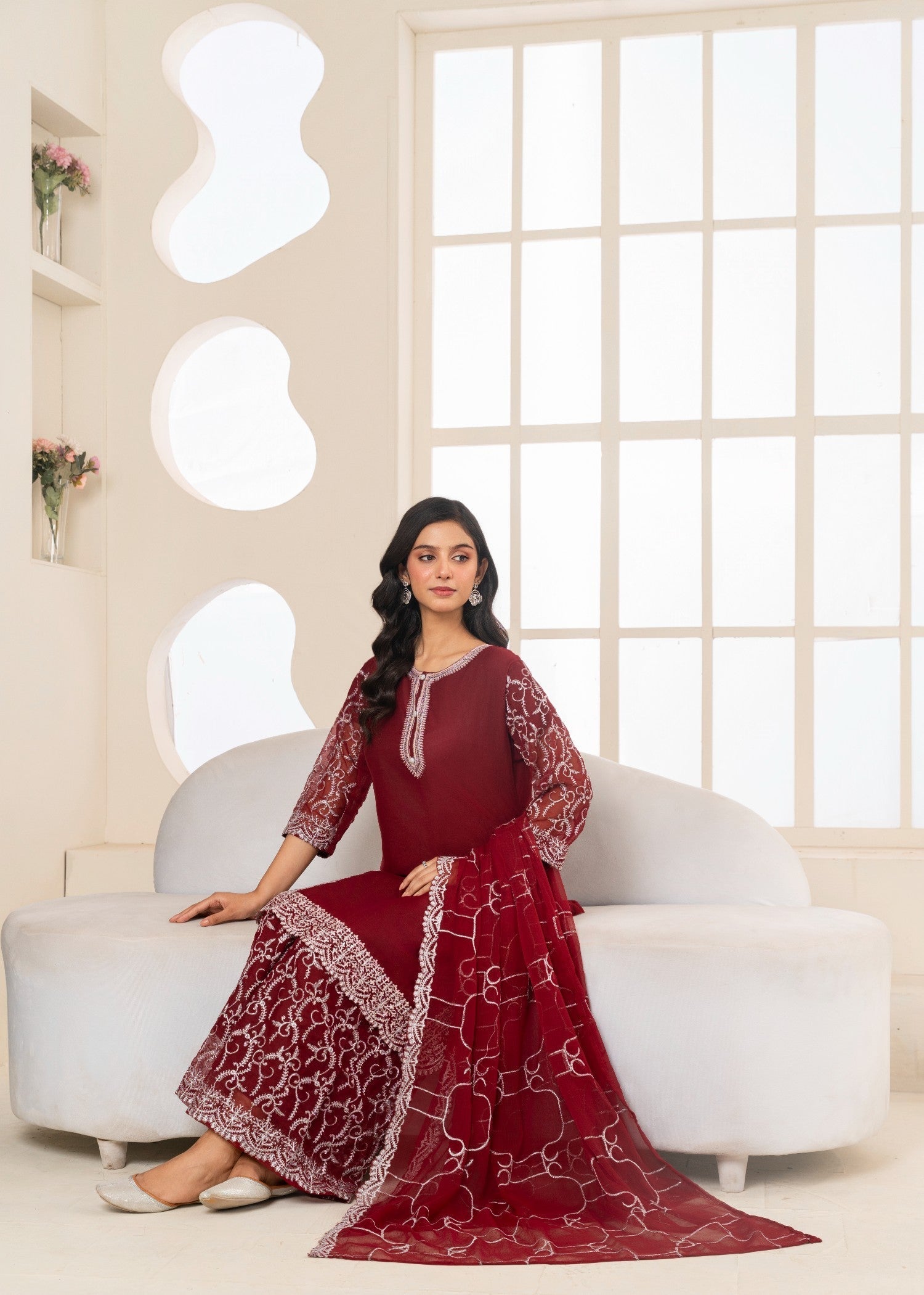 chiffon Kurta Set in Maroon
