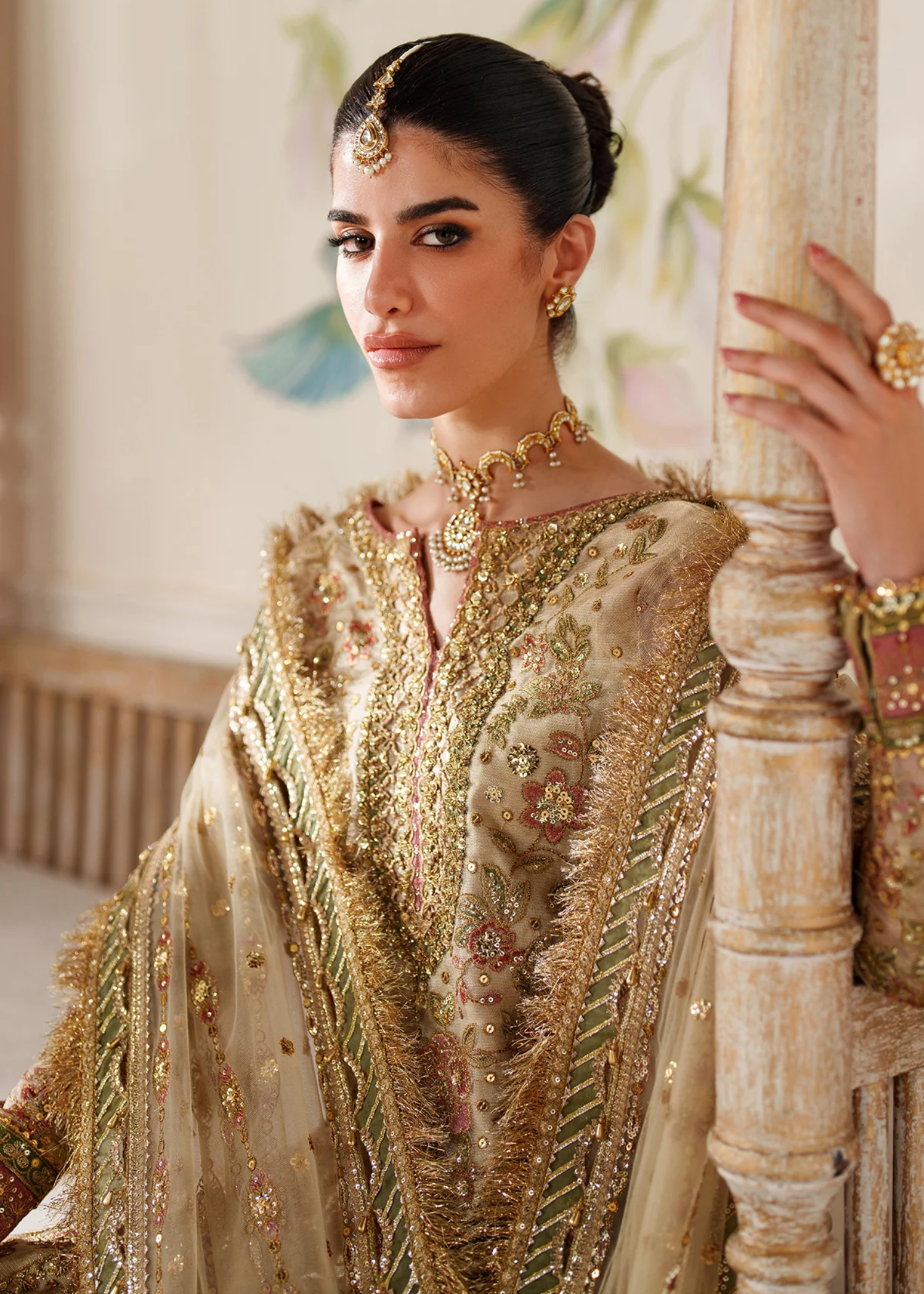 zari net Unstitched in Beige