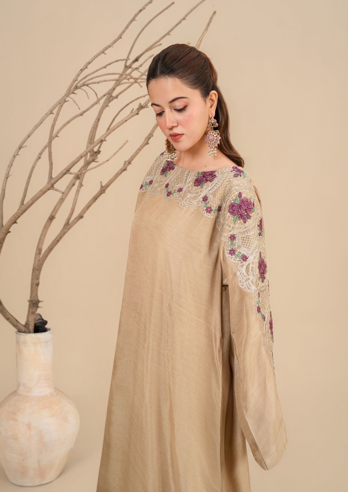 viscose raw silk Kurta Set in Beige