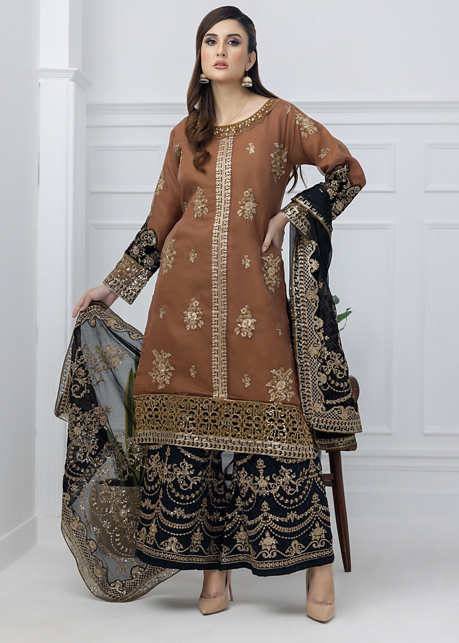 organza Kurta Set in Camel brown