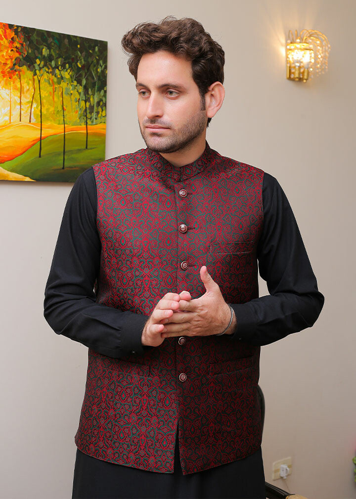 jamawar Waistcoat in Maroon