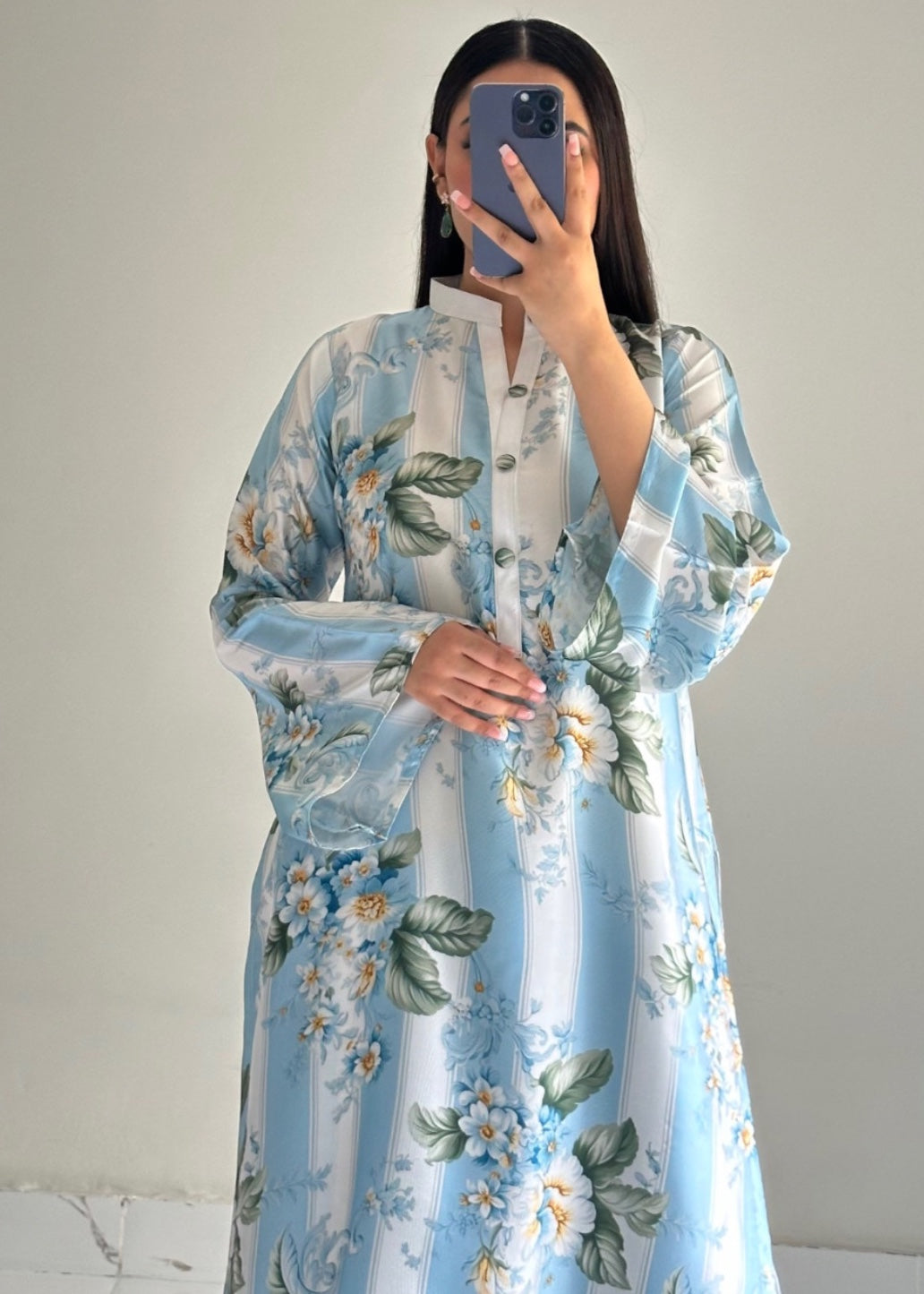 slub cambric Kurta Set in Ice blue