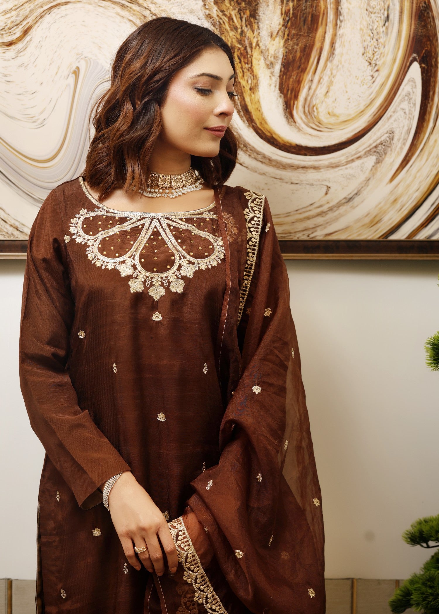 raw silk Kurta Set in Chocolate brown