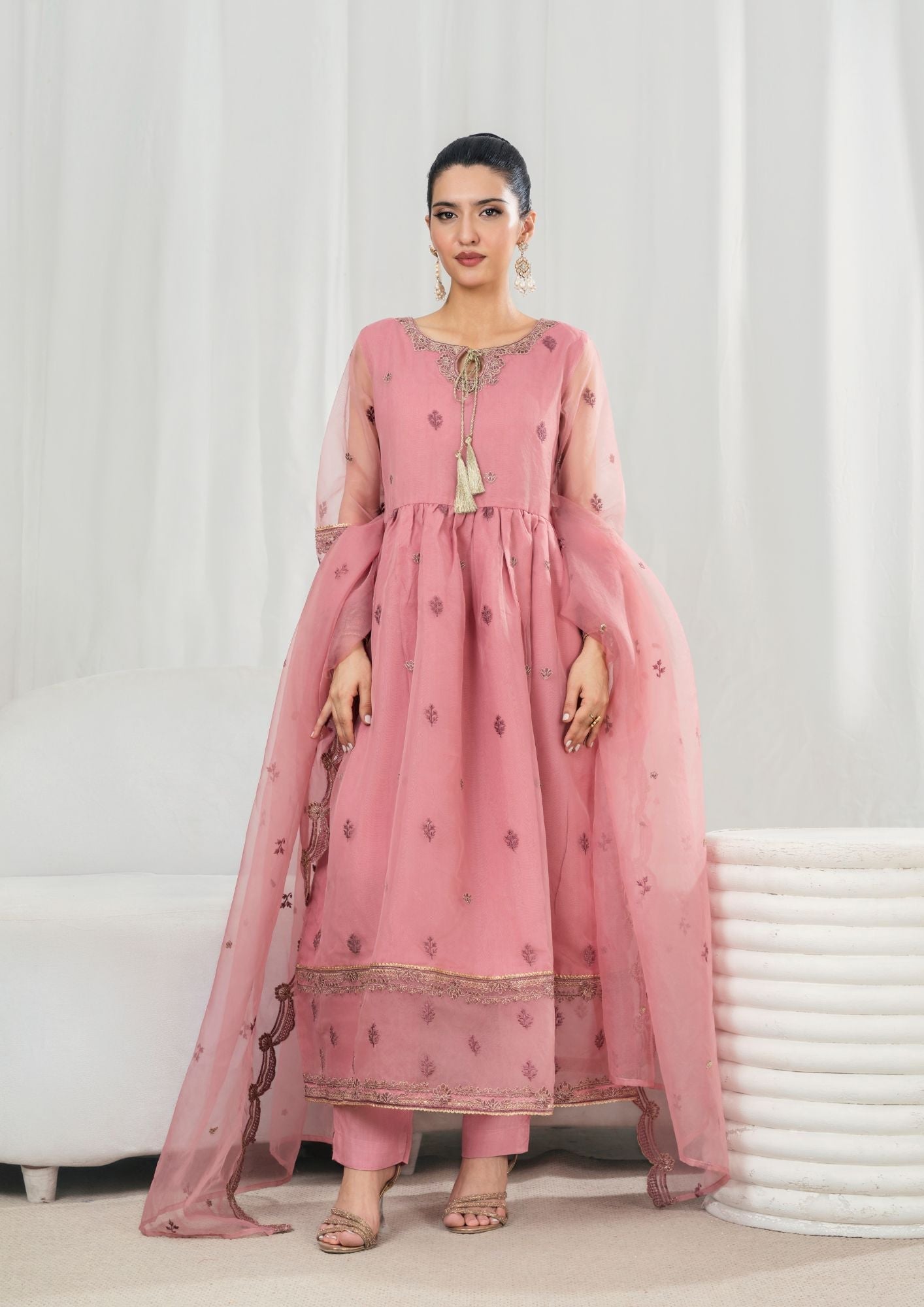 organza Pishwas in Tea rose pink