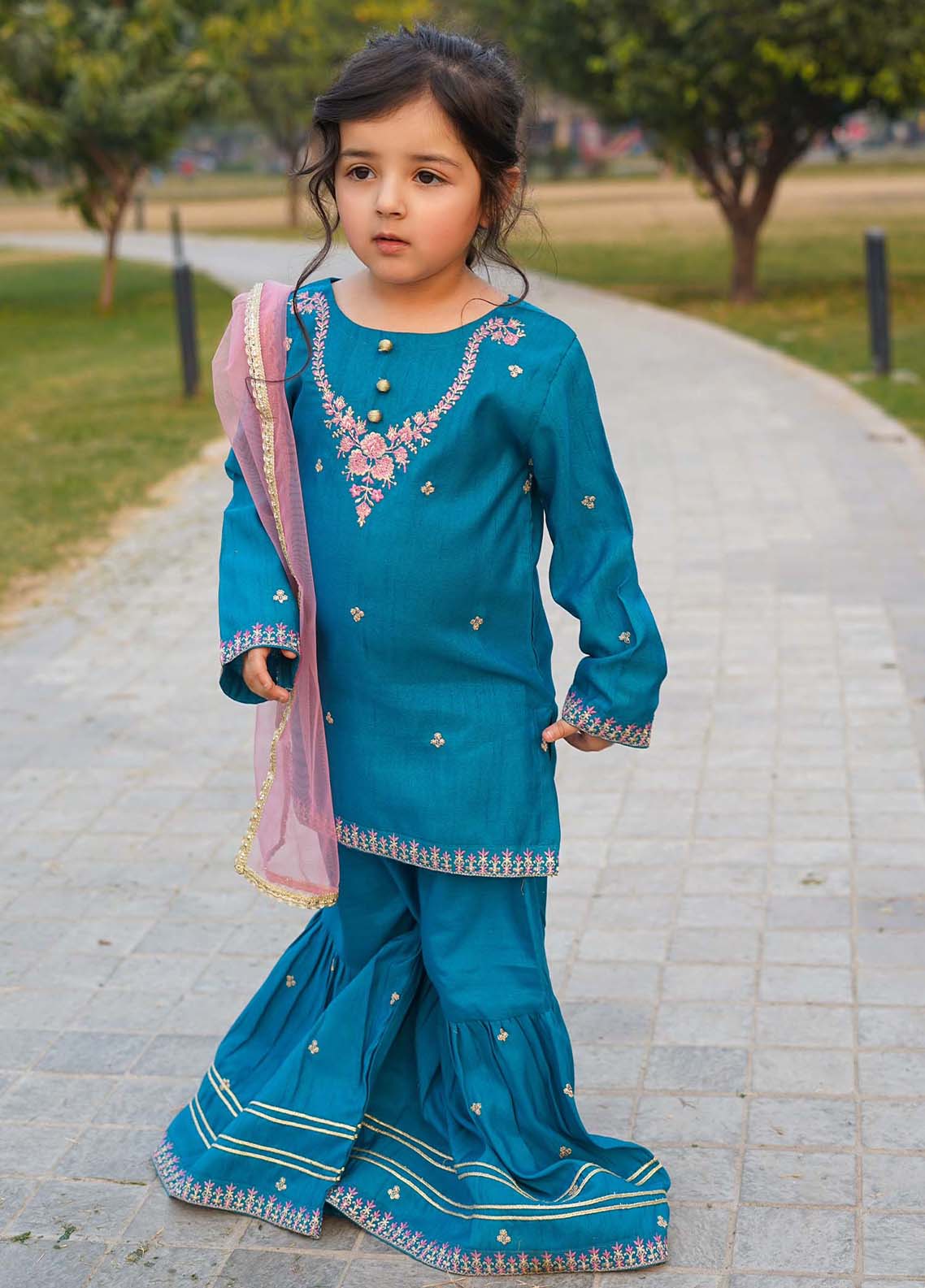 raw silk Gharara in Turquoise