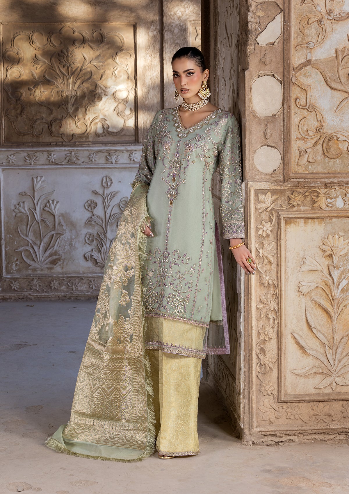 net Kurta Set in Moss green