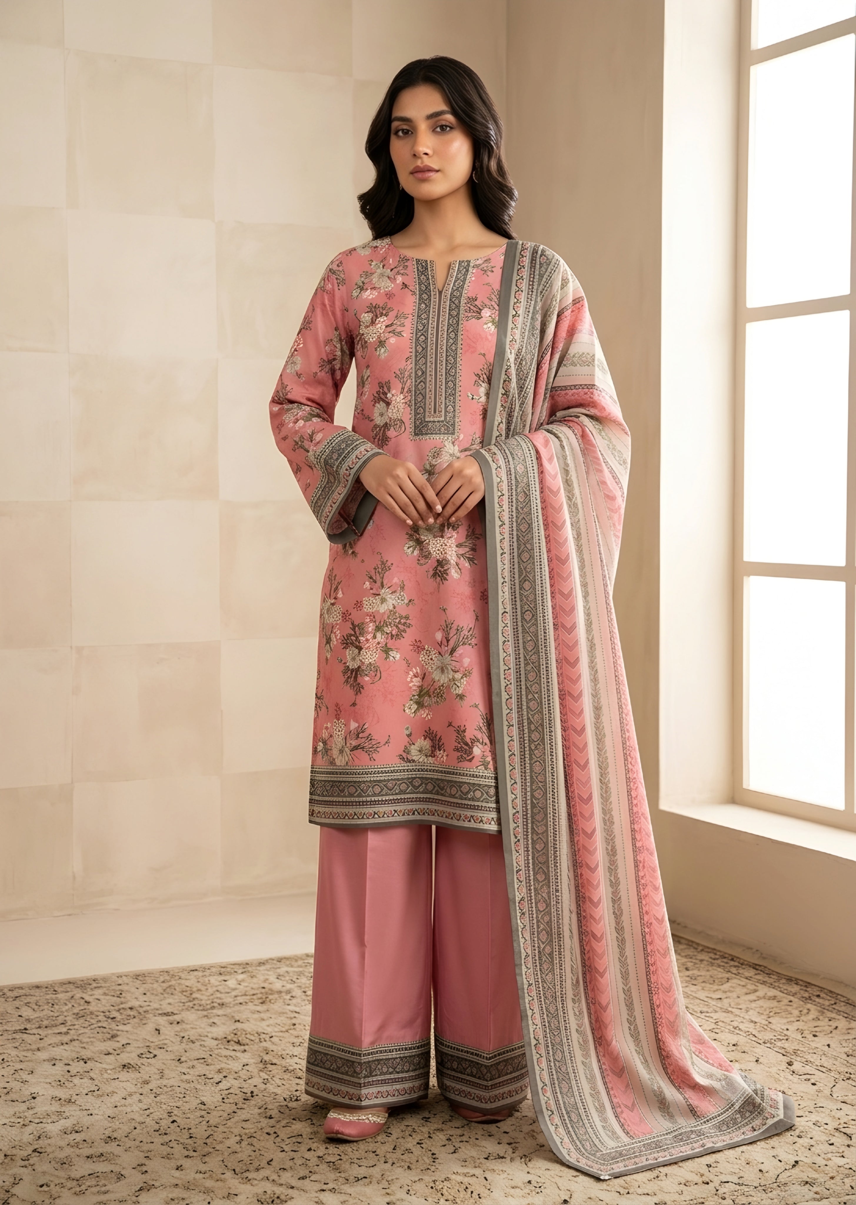lawn Unstitched in Indian pink