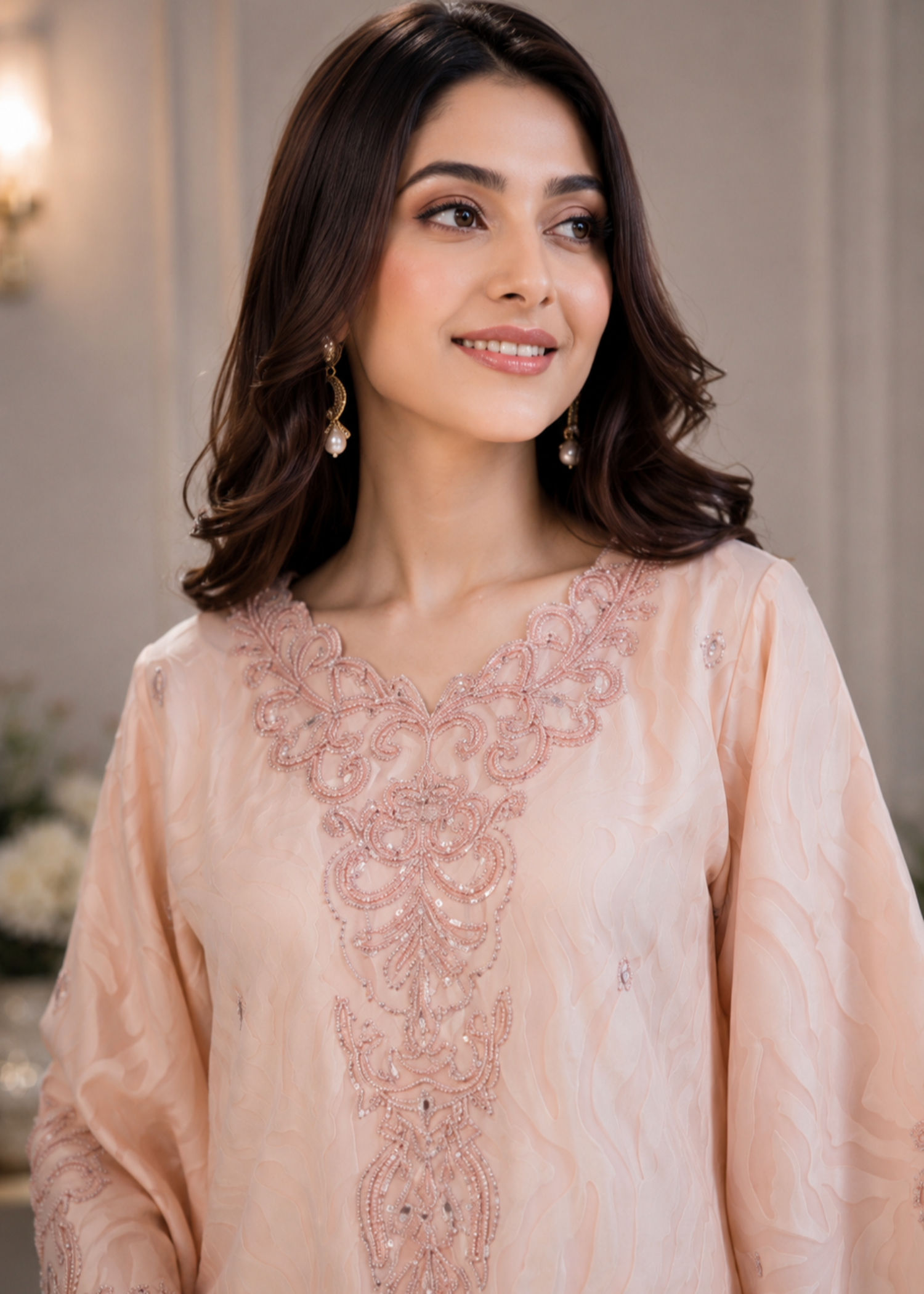 jacquard chiffon Kurta Set in Peach pink