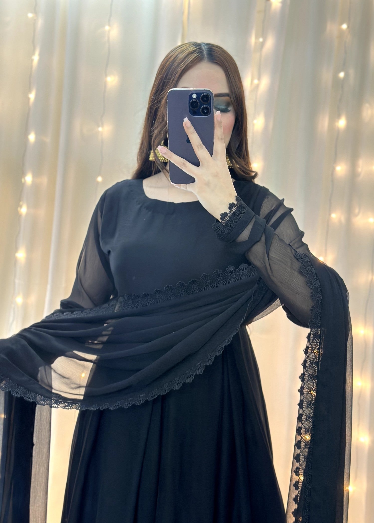 bemberg crinkle chiffon Anarkali in Black